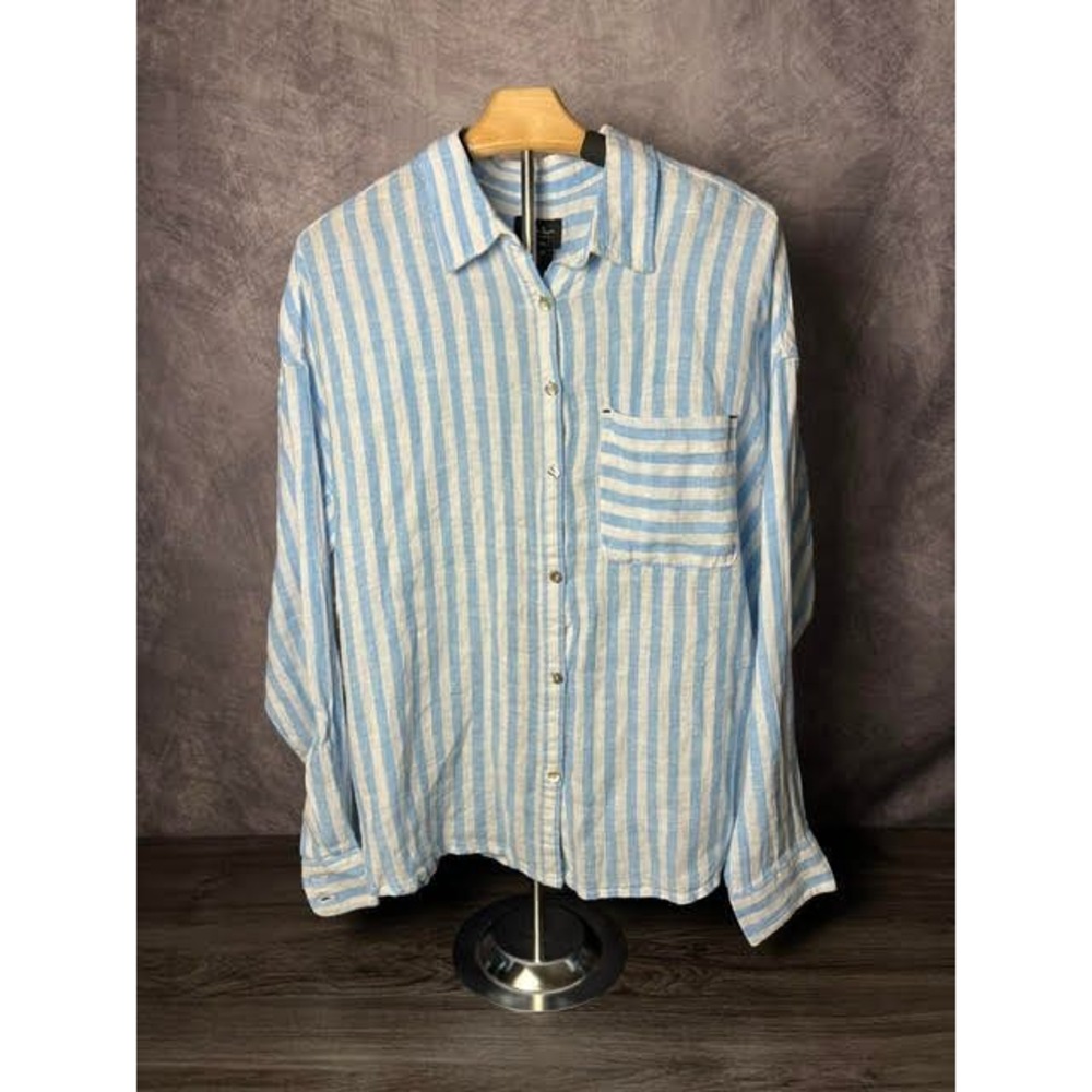 Nicole Miller New York NWT 100% Linen Striped Button Down Shirt Oversized Medium